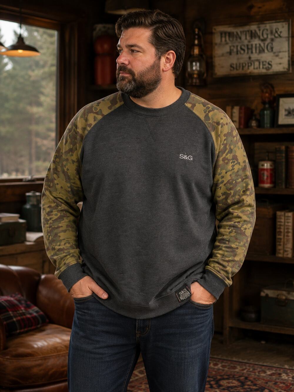 Standard & Grind Mens Camo Gray Sleeves Crewneck Sweater Size XXL